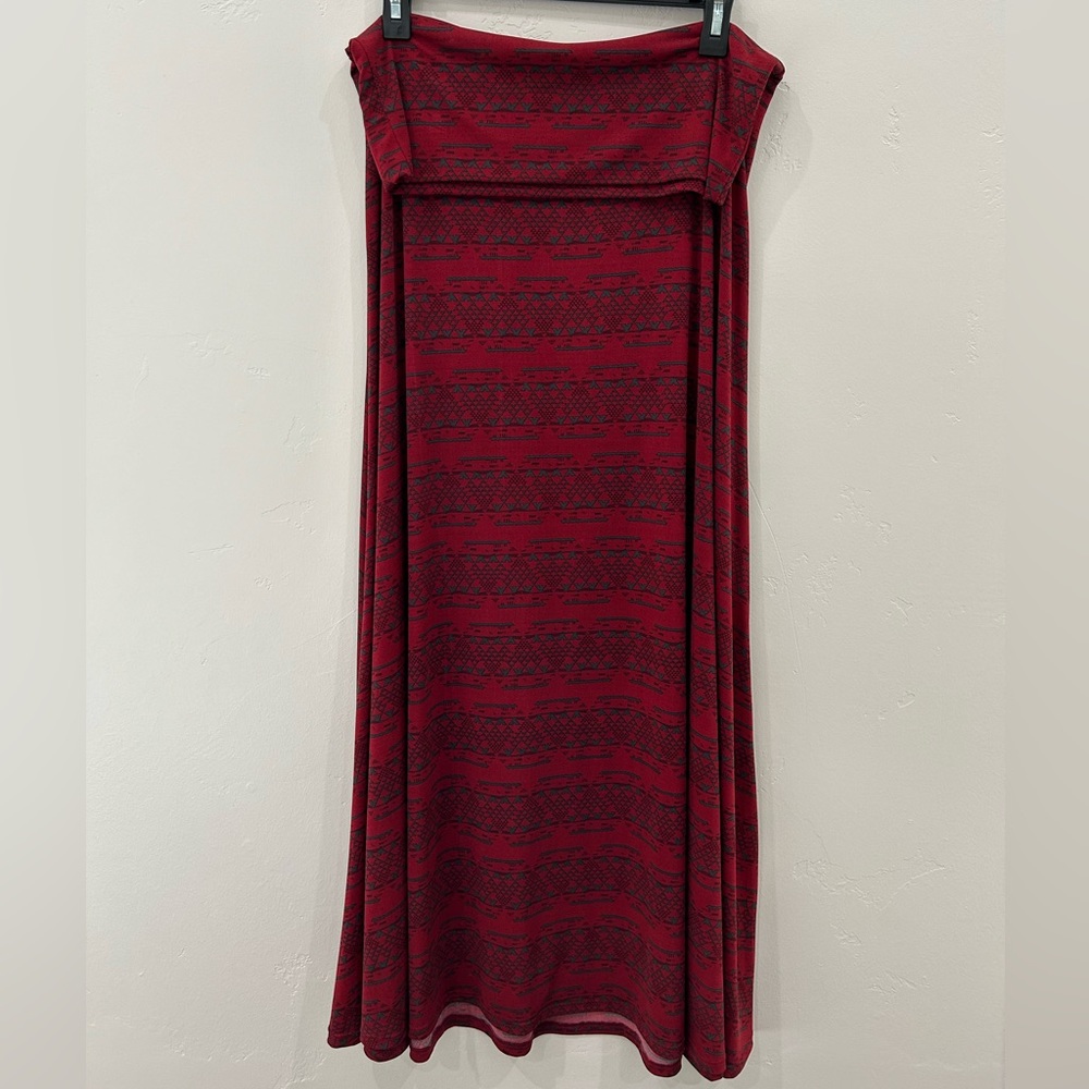 Women’s Lularoe Maxi Skirt in Dark Red-Gray Print, Size M